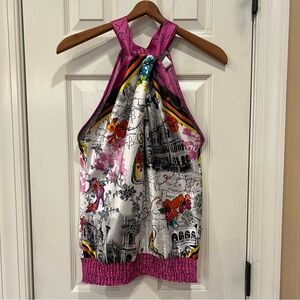 Y2K Cache Twist Neck Halter Sleeveless Blouse Top Scarf Tank Cami Silky Sexy